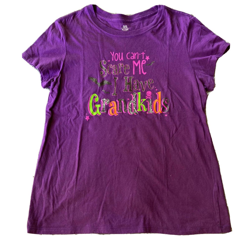 You Can’t Scare Me I Have Grandkids Sz XL Halloween T Shirt Purple Glitter Fun